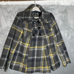 Toki Couture Wool Blend Plaid Peacoat Womens Gray Mustard Double Breasted Jacket